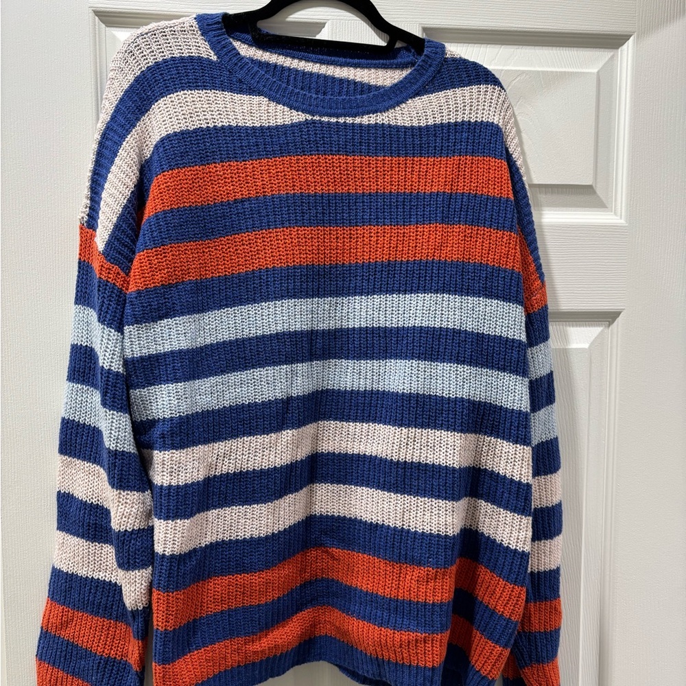 Striped Knit Sweater in Blue, White, and Orange